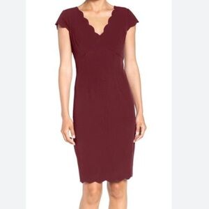 Adrianna Papell Scalloped Crepe Sheath Dress Size 8 Women V Neck In Marsala